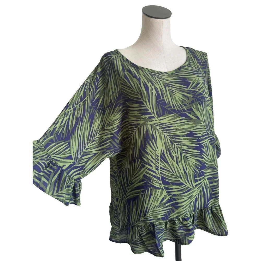 Bon Worth Tropical Leaf Print Blouse Ruffle Oversized Boxy Size Small